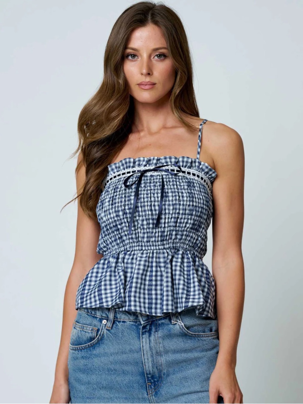Navy Gingham Lace Trim Smocked Peplum Cami Top – Medium (NWT)